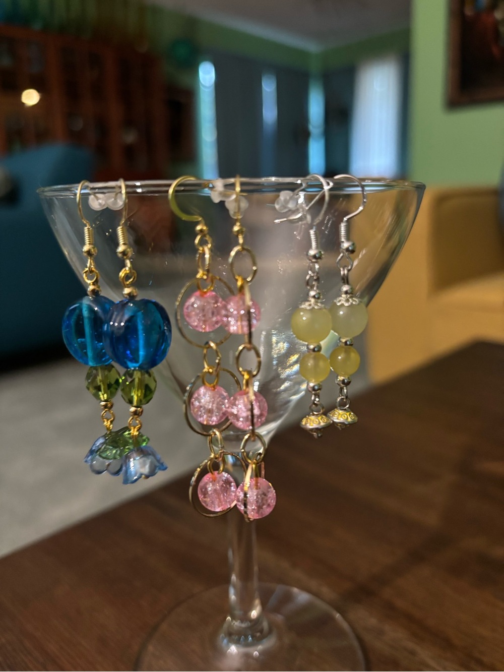 Handmade Blue, Pink & Pale Green Beaded Earrings - Set of 3